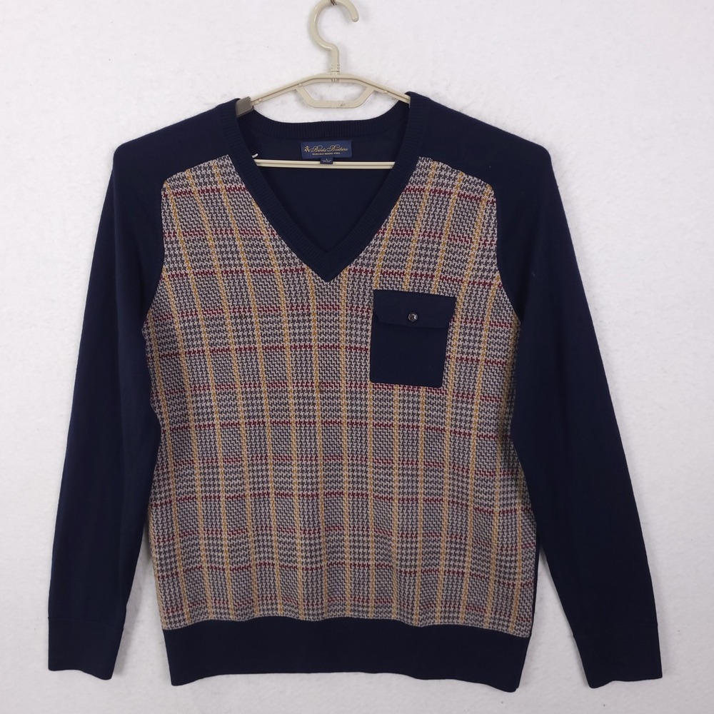 Brooks Brothers Sweater Mens L Navy Blue Merino Wool V-Neck Plaid Academia